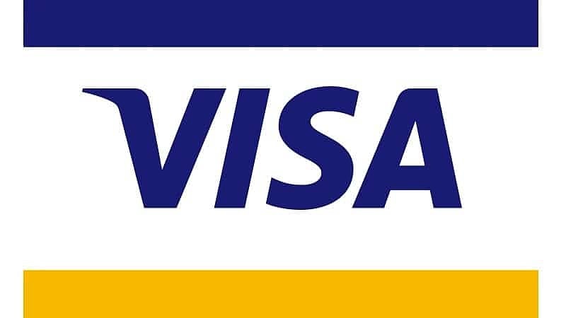 Visa logo on a blue and yellow background.